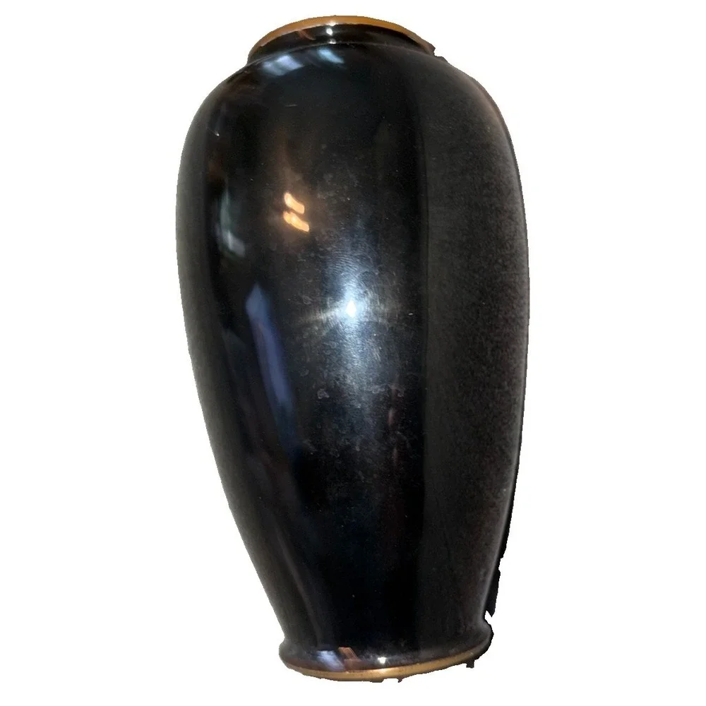 Vintage Asian Black Enamel Brass Vase Mother of Pearl Bird Floral 6 Inch